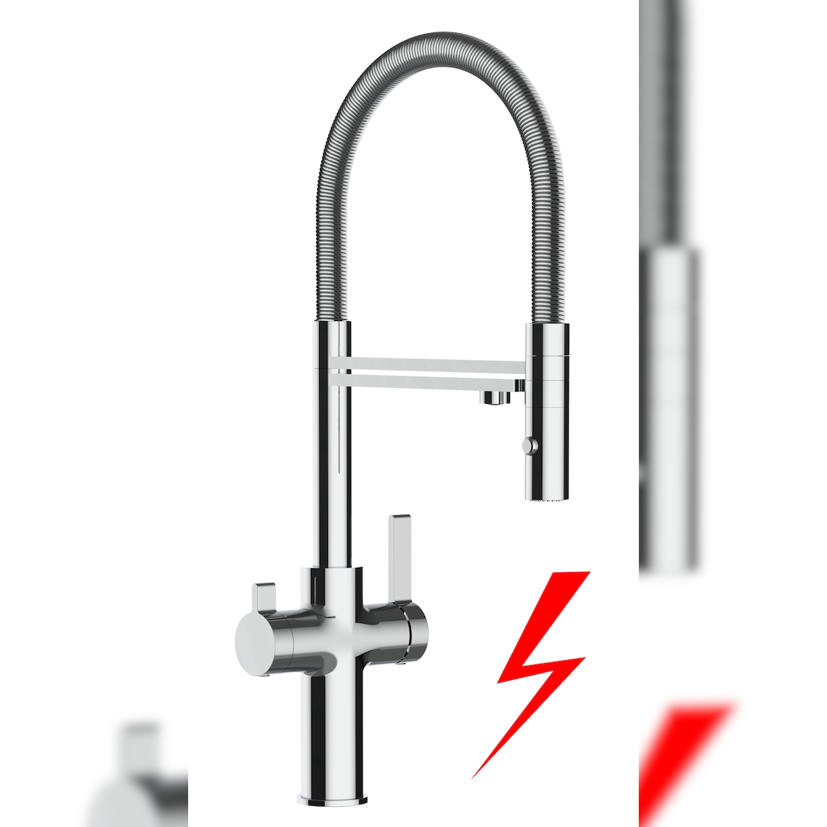 Vizio Niederdruck 3 Wege Wasserhahn Küchenarmatur Spültischmischer FC Verchromt, mit 360° schwenkbarem Stahlfeder Auslauf und abnehmbare 2 strahl Handbrause Image