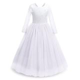 IBTOM CASTLE Flower Girls 3/4 Sleeve Deep V-Back Tulle Vintage Lace Wedding Party Long Dress Princess Communion Pageant Maxi Gown 2-3 Years White