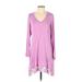 LOGO by Lori Goldstein Casual Dress - A-Line V Neck Long sleeves: Purple Print Dresses - Women's Size X-Small