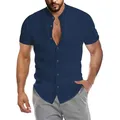 Chemise en lin à manches courtes pour hommes col montant col en V poche plage été 2022