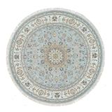 Shahbanu Rugs Light Blue 250 KPSI Extra Soft Wool Hand Knotted Nain with Center Medallion Flower Design Round Rug (7'10"x7'10")