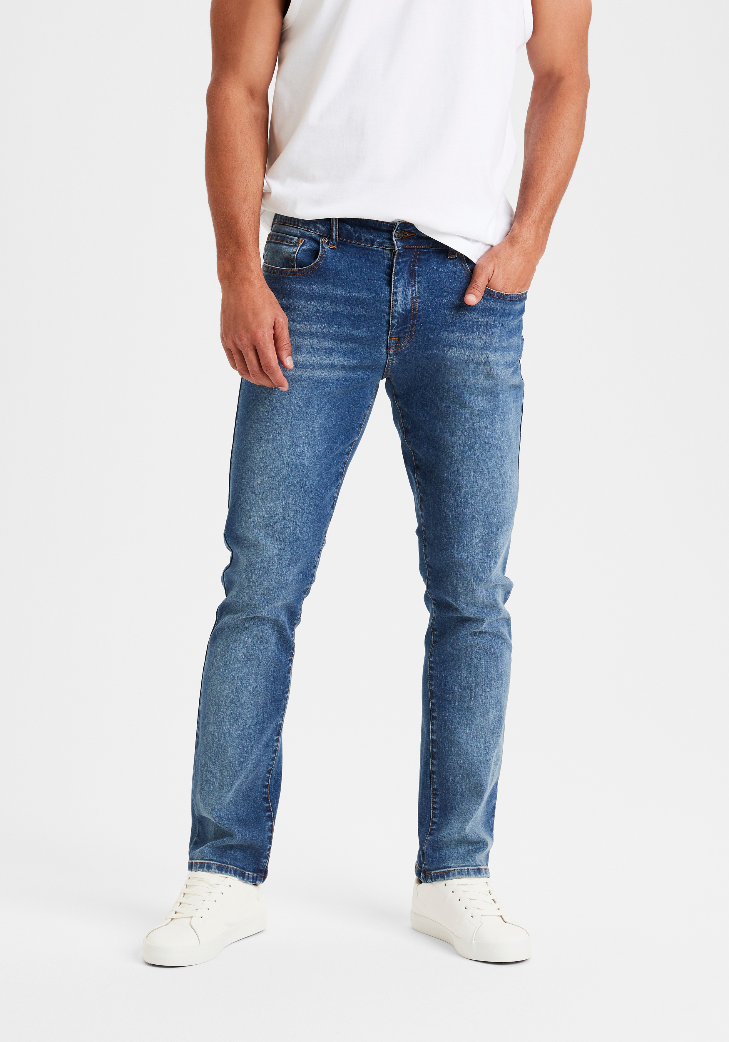 5-Pocket-Jeans BUFFALO "Straight-fit", Herren, Gr. 33, Länge 34, blau (schwarz, blau, denim), Jeans, Obermaterial: 98% Baumwolle, 2% Elasthan, unifarben, straight fit lang, Jeans 5-Pocket-Jeans, mit normaler Bundhöhe, aus elastischer Denim-Qualität