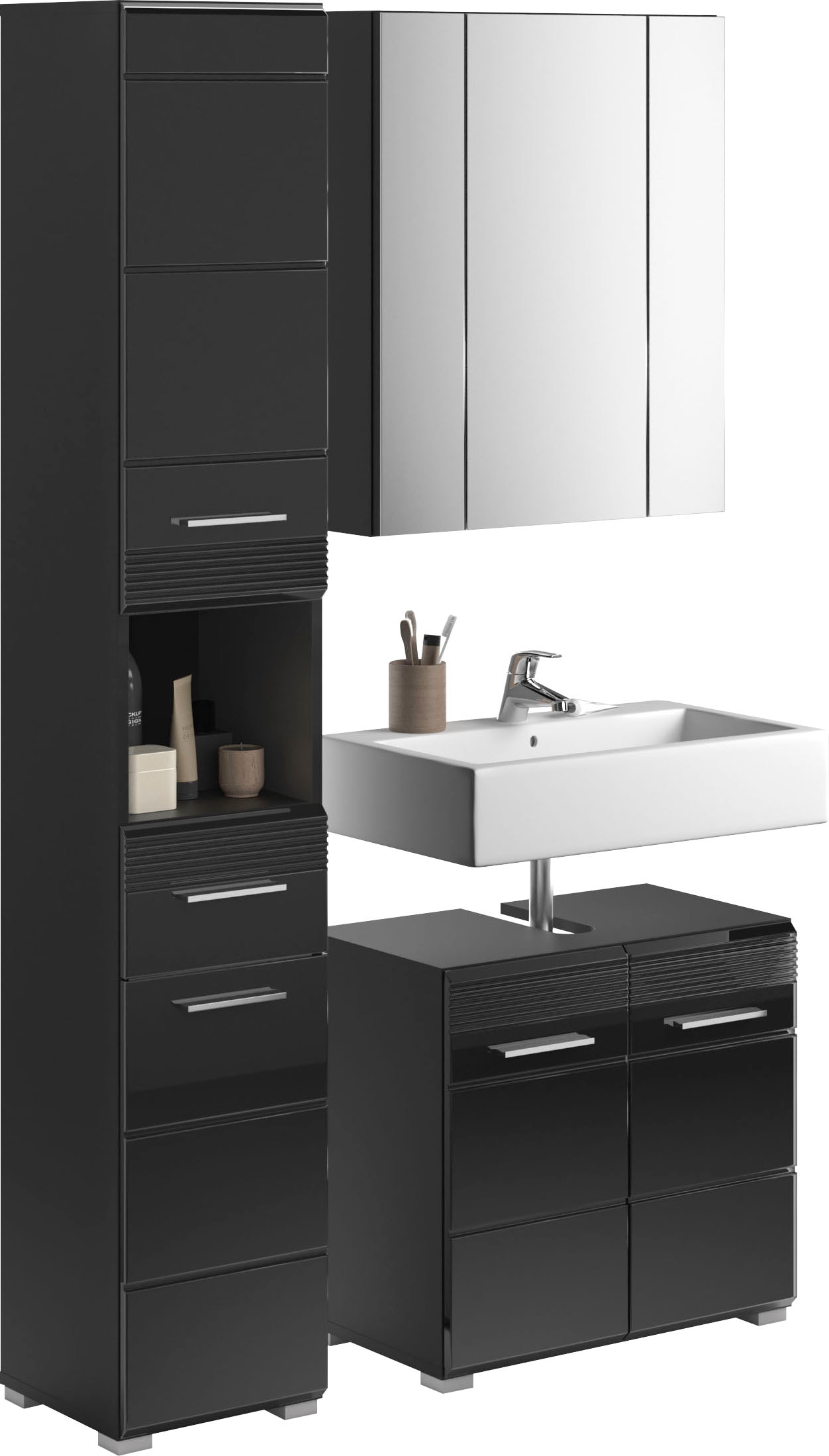 Badmöbel-Set HOME AFFAIRE "Malmö, 3 teilig, bestehend aus:", schwarz, Kastenmöbel-Sets, Badmöbel-Set, Hochschrank, Waschbeckenunterschrank, Spiegel Image