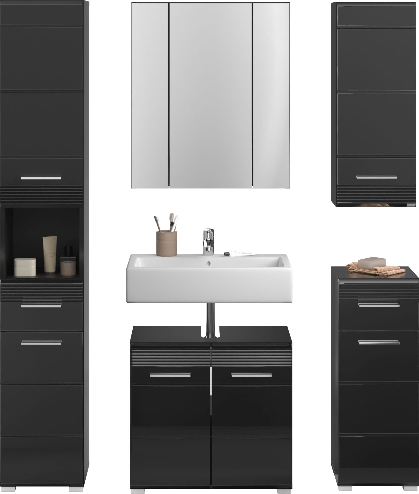 Badmöbel-Set INOSIGN "Malmö, 5 teilig, bestehend aus:", schwarz, Kastenmöbel-Sets, Badmöbel-Set, Badmöbel, 5-tlg