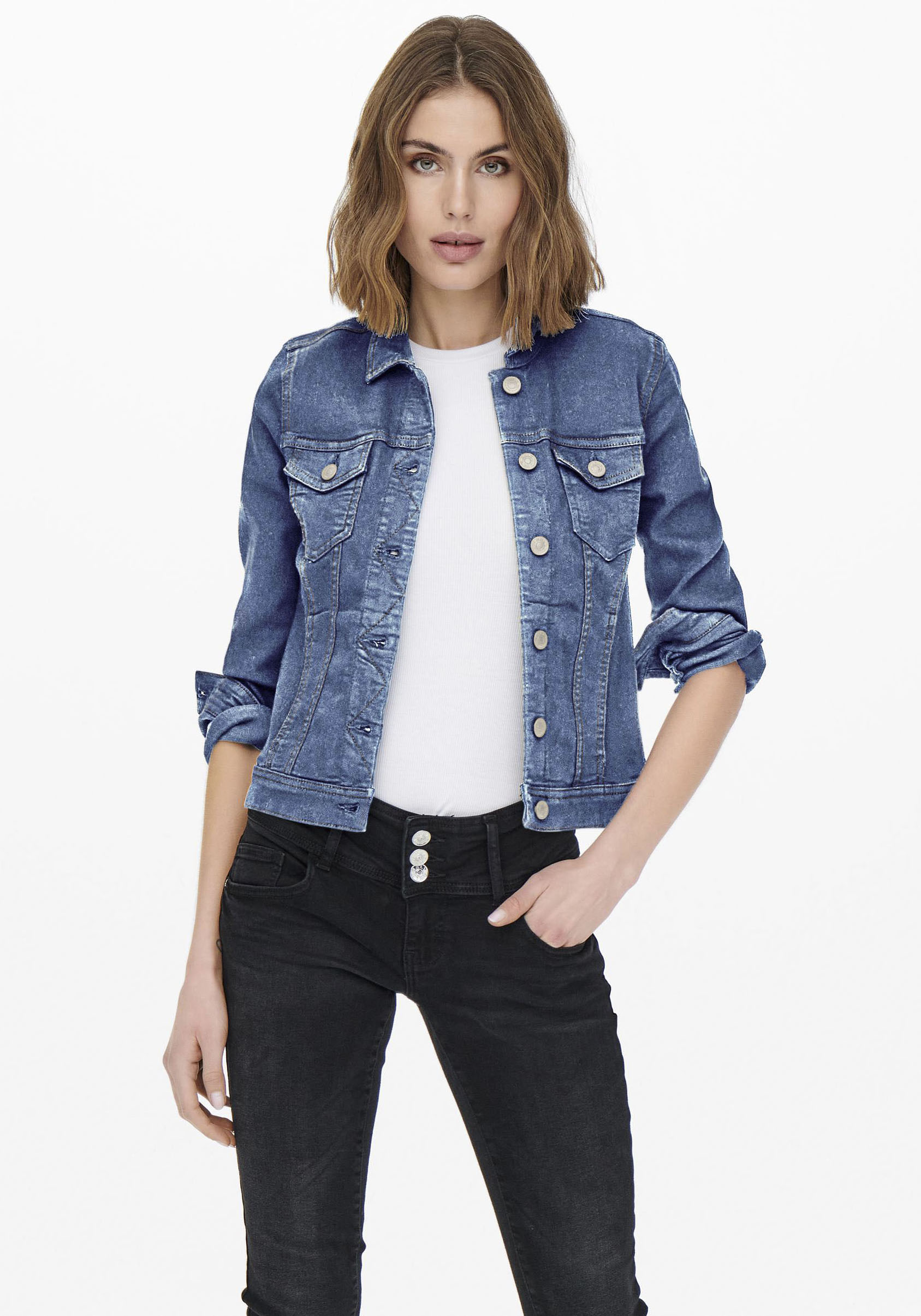Jeansjacke ONLY "ONLWONDER – Jeansjacke mit Teilungsnähten und Stretch", Damen, Gr. M38, blau (medium blau denim), Web, Obermaterial: 79% Baumwolle, 20% Polyester, 1% Elasthan, unifarben, sehr figurbetont, Jacken, sehr figurbetont, casual, Denim,... Image