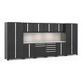 NewAge Products PRO 3.0 Series Black 12-Piece Cabinet Set with Stainless Steel Top Slatwall and LED Lights