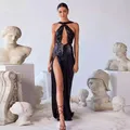 VC-Robe Maxi à Paillettes pour Femme Sexy Dos aux Élégante Robe de Soirée Été