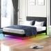 Mixoy Bed Frame with Smart RGB LED Lights Button Tufted Headboard PVC Fabric Upholstered Platform No Box Spring Needed