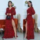 Robe longue fendue sur le côté à col en V pour femmes robes imprimées léopard rouges grande