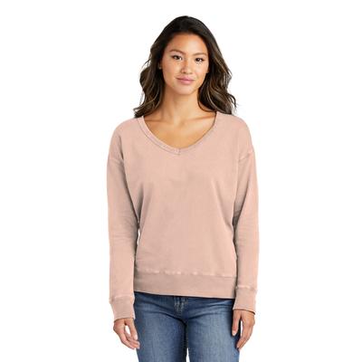 Port & Company LPC098V Women's Beach Wash Garment-Dyed V-Neck Sweatshirt in Peach size Large | 80/20 cotton/Polyester blend