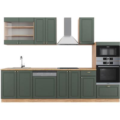 Vicco - Küchenzeile Fame-Line, Grün-Gold Landhaus/Goldkraft Eiche, 300 cm mit Hochschrank, ohne