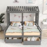 Twin Size House Platform Beds with Two Drawers for Boy and Girl Shared Beds, Combination of 2 Side by Side Twin Size Beds