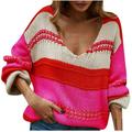 JGGSPWM Clearance Patchwork Striped Baggy Sweaters for Women Sweatshirts V Neck Crochet Casual Spring Fall Cable Knit Long Sleeve Pullover Jumper Outerwear Hot Pink L