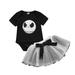 Kucnuzki Infant Baby Girl Clothes 0 Months Summer Skirt Sets 3 Months Short Sleeve Cute Halloween Skull Prints Romper Top Elastic Mesh Pleated Skirt 2PC Sets Black