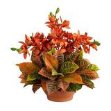 Nearly Natural 21 Cymbidium Orchid and Croton Artificial Arrangement in Terra Cotta Vase