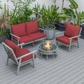 LeisureMod Walbrooke Modern Aluminum 5-Piece Patio Conversation Set with Outdoor Round Fire Pit Table & Side Table Tank Holder And Red Cushions