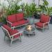 LeisureMod Walbrooke Modern Aluminum 5-Piece Patio Conversation Set with Outdoor Round Fire Pit Table & Side Table Tank Holder And Red Cushions