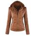 BYDOT Women Faux Leather Short for Jacket with Detachable Hood Motorcycle Zip Up Outwear