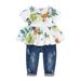 KIMI BEAR Toddler Baby Girls Pants Outfits 2T Girls Spring Summer Clothing Set Casual Floral Element Short Sleeve Ruffled T-shirt Denim Pants 2PCs Set 2-3T Multi-color