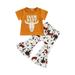 Calsunbaby Toddler Baby Girls Summer Outfit Sets Cattle Head Print Tops Geometric Cow Print Flared Pants Khaki Style 2 3-4 Years