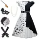 Costume d'Halloween de Cruella pour Fille Robe Longue Noire et Blanche avec Cape Perruque de