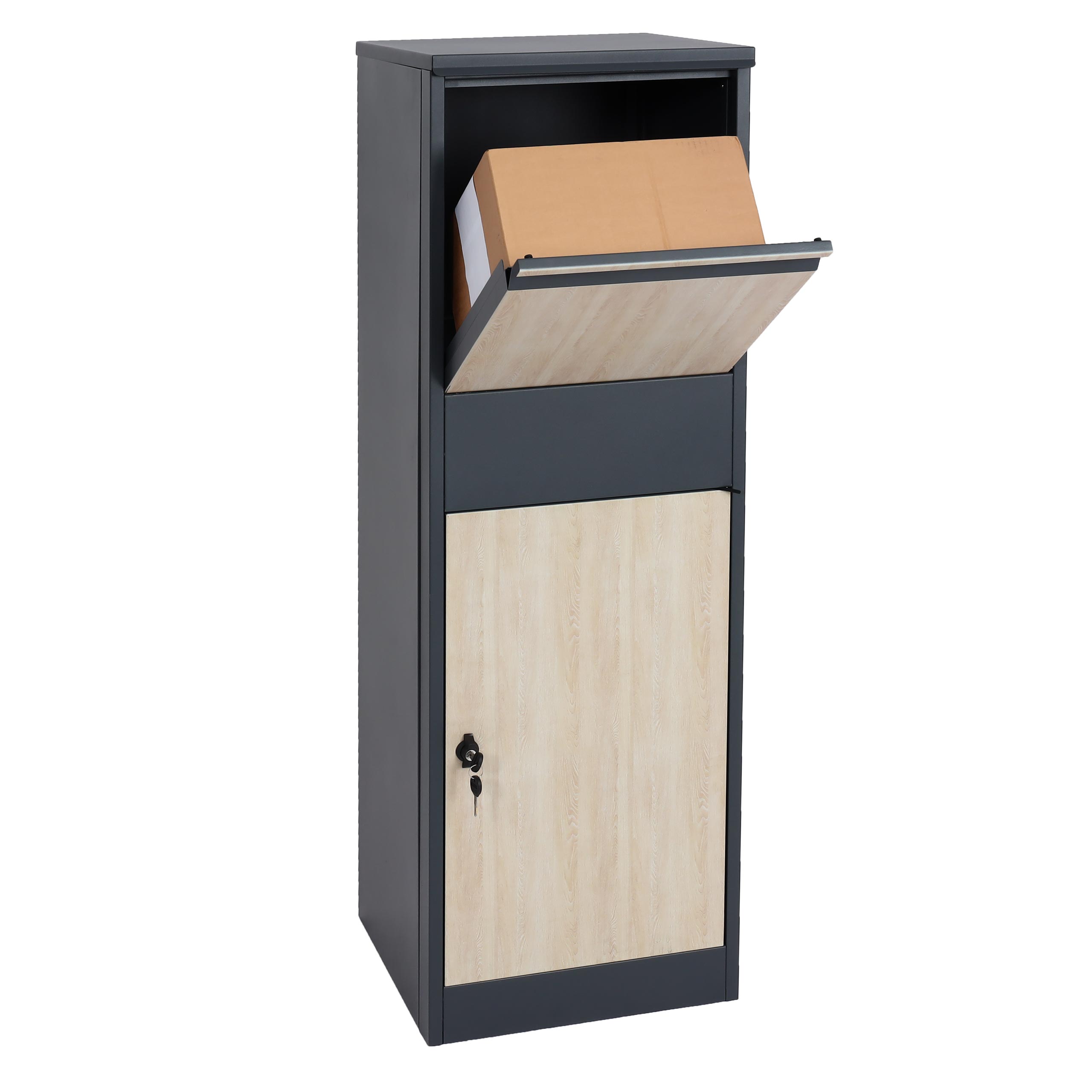Paketkasten HWC-G80, Paketbox Standbriefkasten Paketbriefkasten Größe XL ~ verzinkt anthrazit, Holzoptik hell