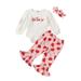 Cathery Newborn Baby Girl Valentines Day Outfit Ribbed Pullover Letter Print Romper Bell Bottom Flared Pants Clothes Set