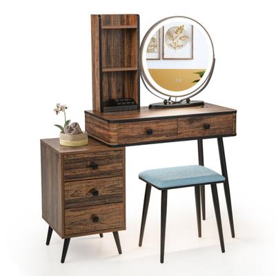 Costway Vanity Table Set with 3-Color Lighted Mirror and Cushioned Stool-Rustic Brown