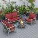 LeisureMod Walbrooke Modern Aluminum 5-Piece Patio Conversation Set with Outdoor Round Fire Pit Table with Slats Design & Side Table Tank Holder And Red Cushions