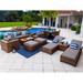 Tuscany 16-Piece Resin Wicker Outdoor Patio Furniture Combination Set with Sofa Ottoman Set Round Dining Set and Chaise Lounge Set (Half-Round Brown Wicker Sunbrella Canvas Taupe)