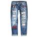 Blibea Womens Jeans Stretchy Baseball Print Patchwork Denim Jeans Ripped Distressed Jeans Sky Blue 12