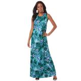 Plus Size Women's Ultrasmooth® Fabric Print Maxi Dress by Roaman's in Turq Tropical Leopard (Size 30/32) Stretch Jersey Long Length Printed