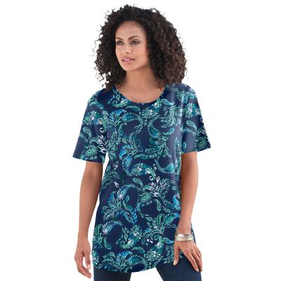 Plus Size Women's Crewneck Ultimate Tee by Roaman's in Navy Paisley Vines (Size M) Shirt