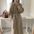 Manteau long en laine pour femme ceinture classique style paresseux français chaud frais rétro