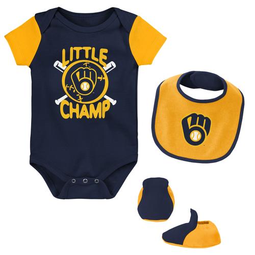 Newborn & Infant Navy/Gold Milwaukee Brewers Little Champ Dreierpack Bodysuit Lätzchen & Booties Set