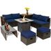 Topbuy 9 Pieces Outdoor Patio Furniture Set with 30 Propane Fire Pit Table Outdoor PE Wicker Space-Saving Sectional Sofa Set with Storage Box and Cushions Navy