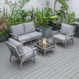 LeisureMod Walbrooke Modern Aluminum 5-Piece Patio Conversation Set with Outdoor Square Fire Pit Table with Slats Design & Side Table Tank Holder And Grey Cushions