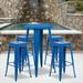 BizChair Commercial Grade 24 Round Blue Metal Indoor-Outdoor Bar Table Set with 4 Square Seat Backless Stools