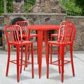 BizChair Commercial Grade 30 Round Red Metal Indoor-Outdoor Bar Table Set with 4 Vertical Slat Back Stools