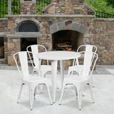 Emma + Oliver Commercial 30 Round White Metal Indoor-Outdoor Table Set with 4 Cafe Chairs