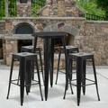 Emma + Oliver Commercial 24 Round Black Metal Bar Table Set-4 Square Seat Backless Stools