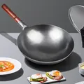 Konco-Wok en fer avec manche en bois wok martelé à la main wok antiadhésif non revêtu poêle pour