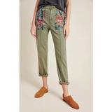 Anthropologie Pants & Jumpsuits | Anthropologie Relaxed Floral Embroidered Utility Cargo Trousers In Olive Green | Color: Green/Pink | Size: 28