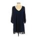 Lulus Casual Dress - Shift V Neck 3/4 sleeves: Blue Print Dresses - Women's Size Small