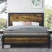Full Size Bed Frame Bed with Rivet Wooden Headboard, Rustic Brown