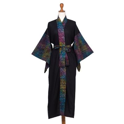 Rainbow Paths,'Hand-Stamped Rainbow Cotton Robe with Matching Belt'