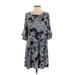 SJS Casual Dress - A-Line Scoop Neck 3/4 sleeves: Blue Floral Dresses - Women's Size Small