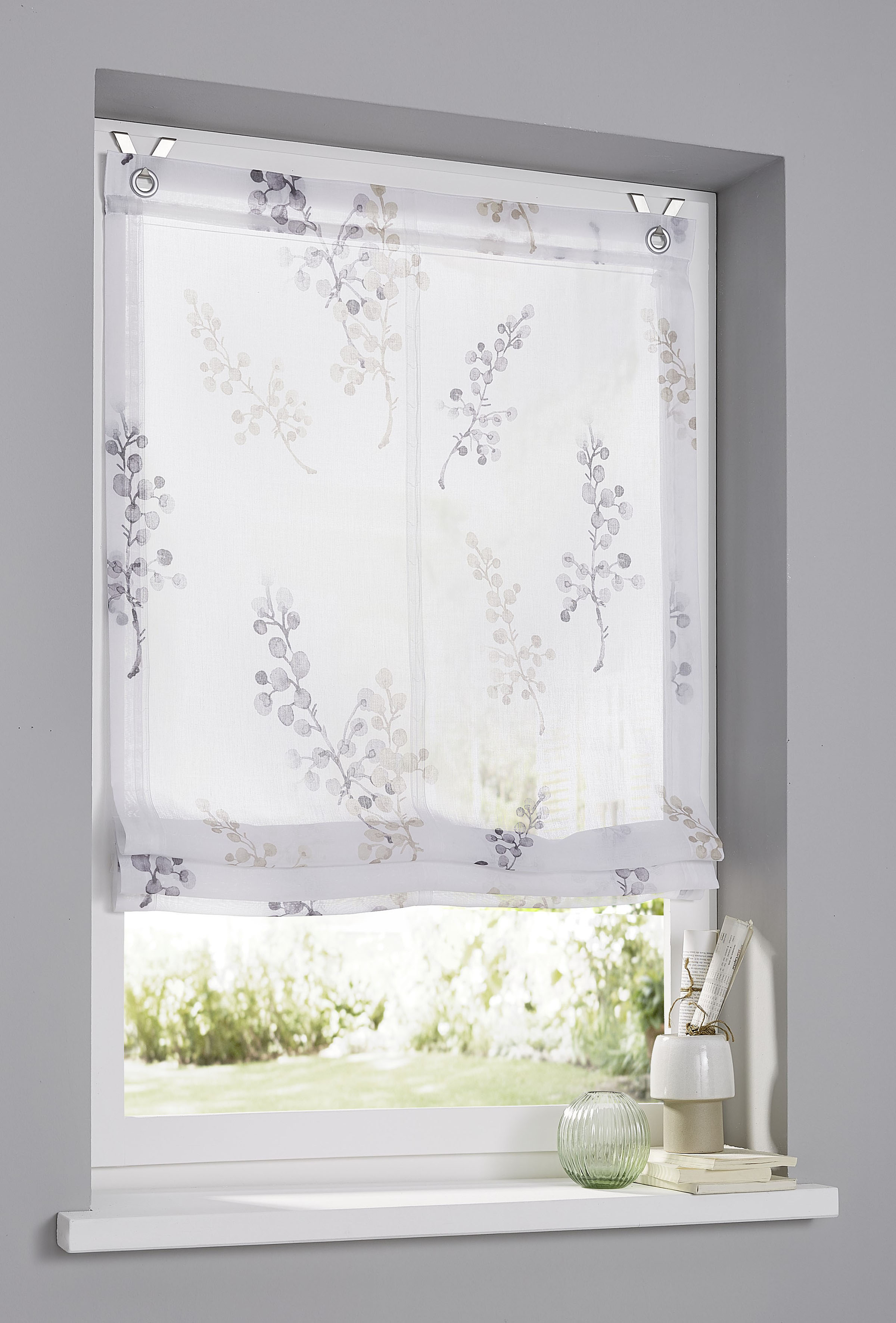 Raffrollo KUTTI "Danny" Gr. 3, grau (grau, sanftes weiß, taupe), B:80cm H:140cm, Obermaterial: 100% Polyester, Raffrollos, bedruckt, Montage ohne Bohren, Fensterhaken inklusive