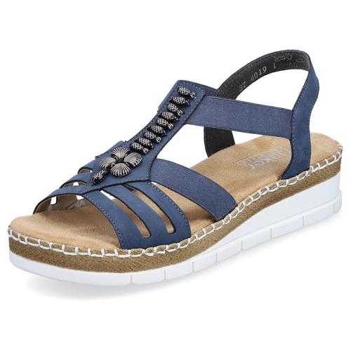 Riemchensandale RIEKER Gr. 42, blau (jeansblau) Damen Schuhe Sommerschuh, Sandalette, Keilabsatz, mit modischen Schmuckelementen