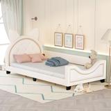 White Wood Cute Platform Bed Twin Size Upholstered Daybed with Carton Ears Shaped Headboard / Tufted / Nailheads Decor